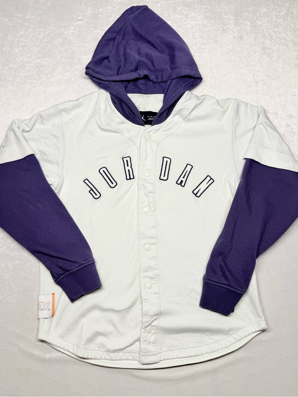 Jordan White Baseball-Style Jersey with Purple Hood and Sleeves